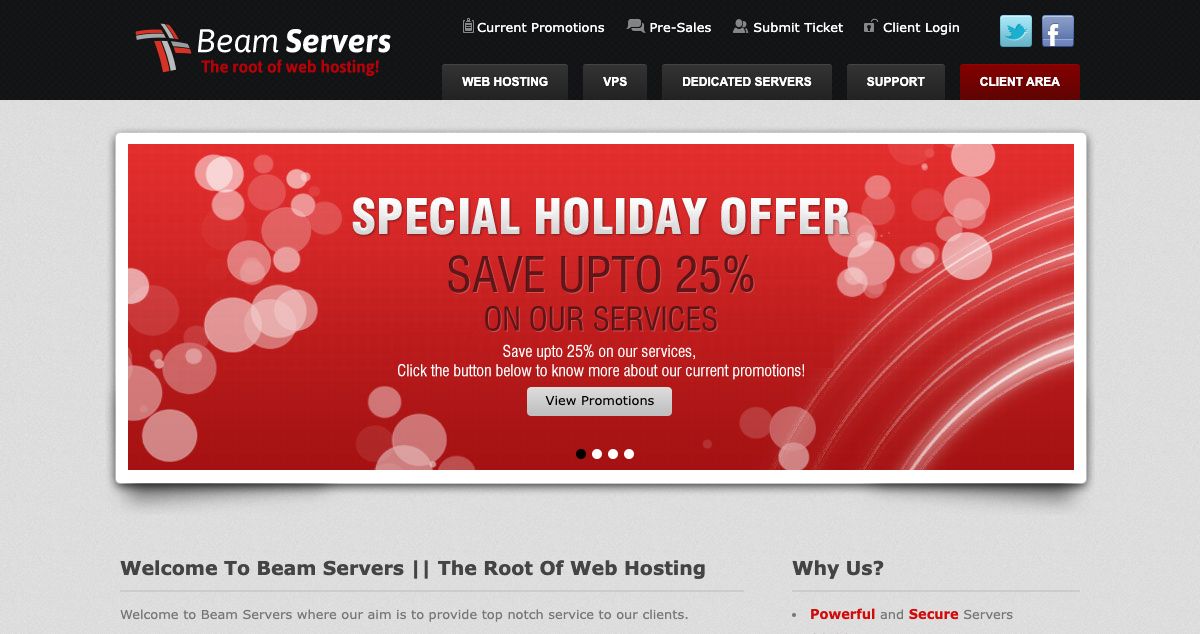 Homepage of Beam Servers hosting