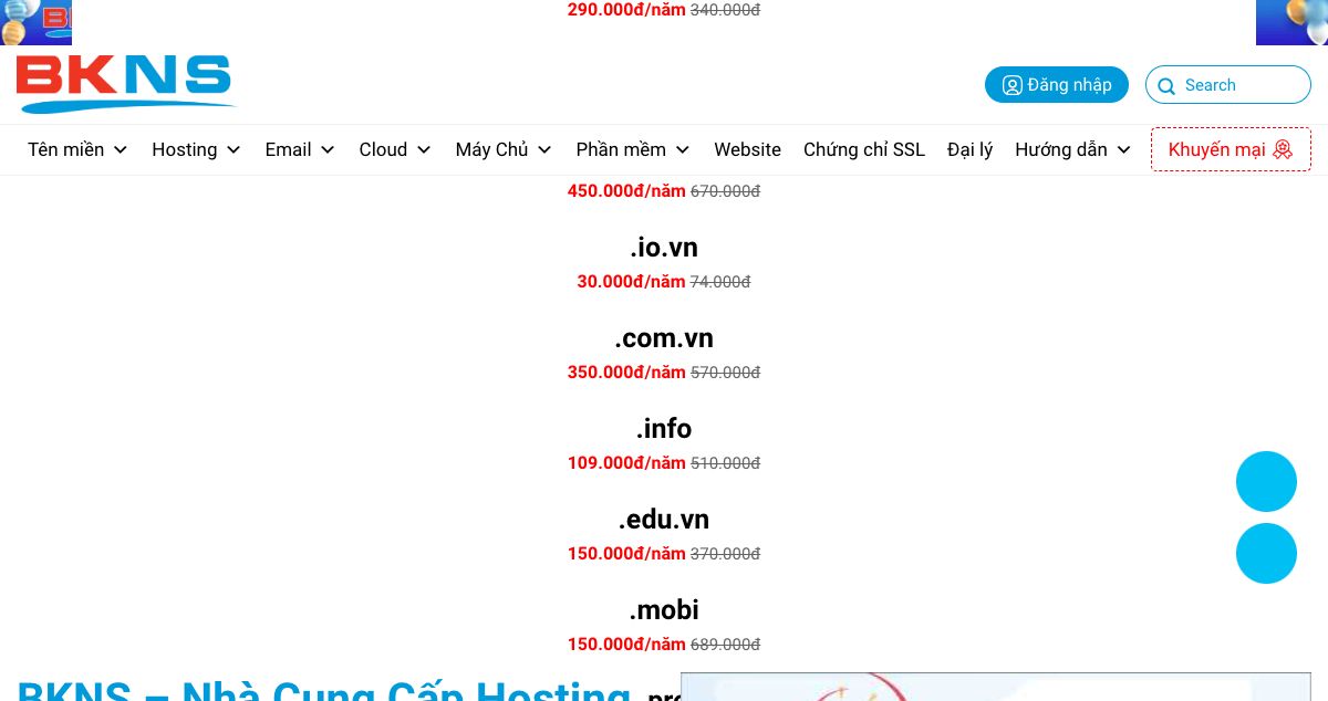 Homepage of BKNS.vn hosting