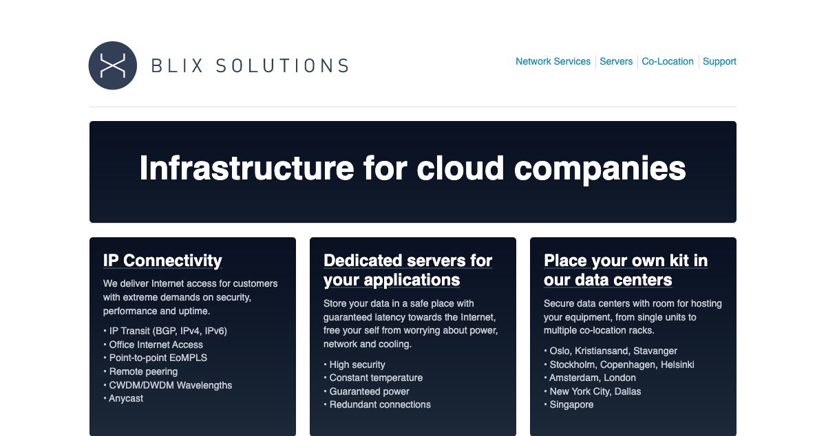 Homepage of Blix Solutions hosting