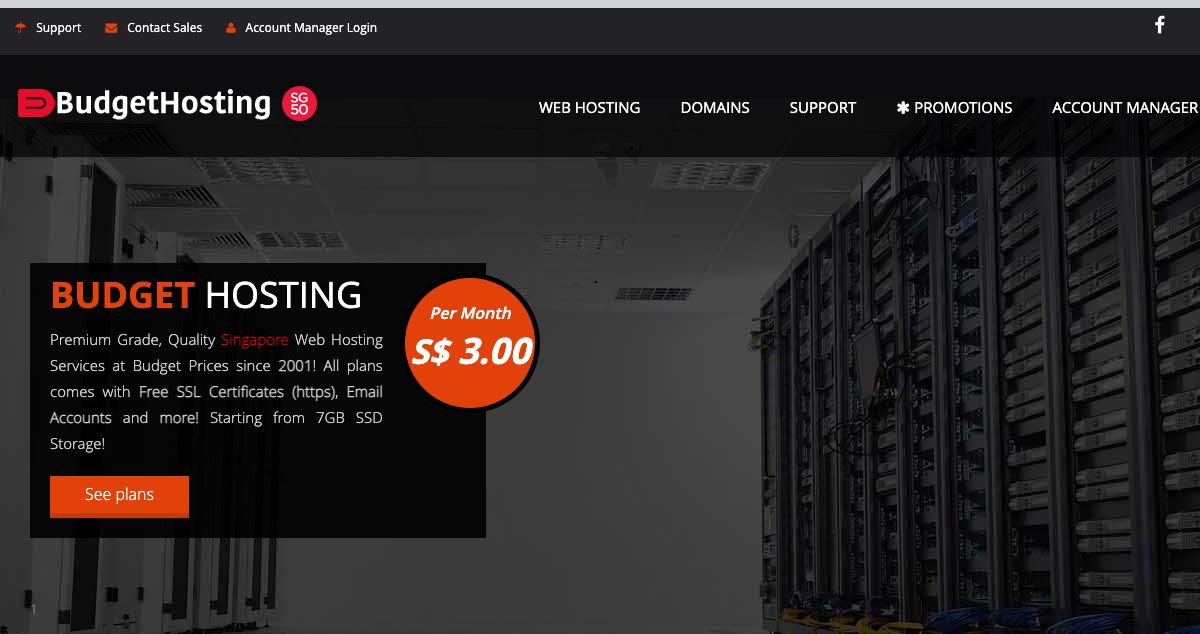 Homepage of BudgetHosting Singapore hosting