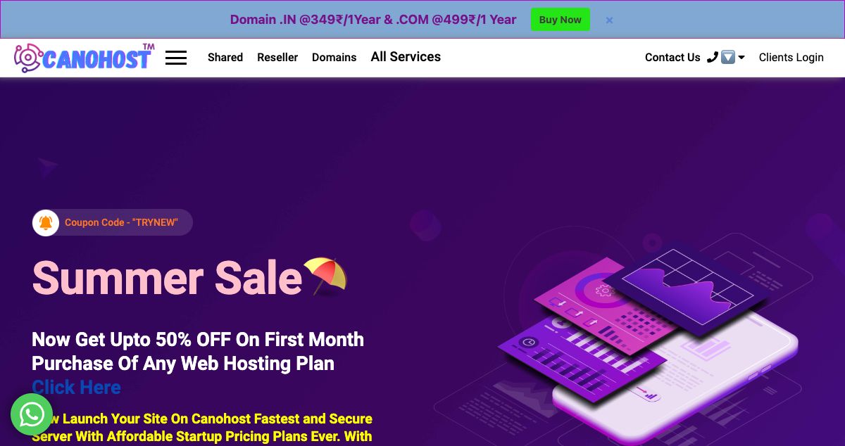 Homepage of CanoHost India hosting