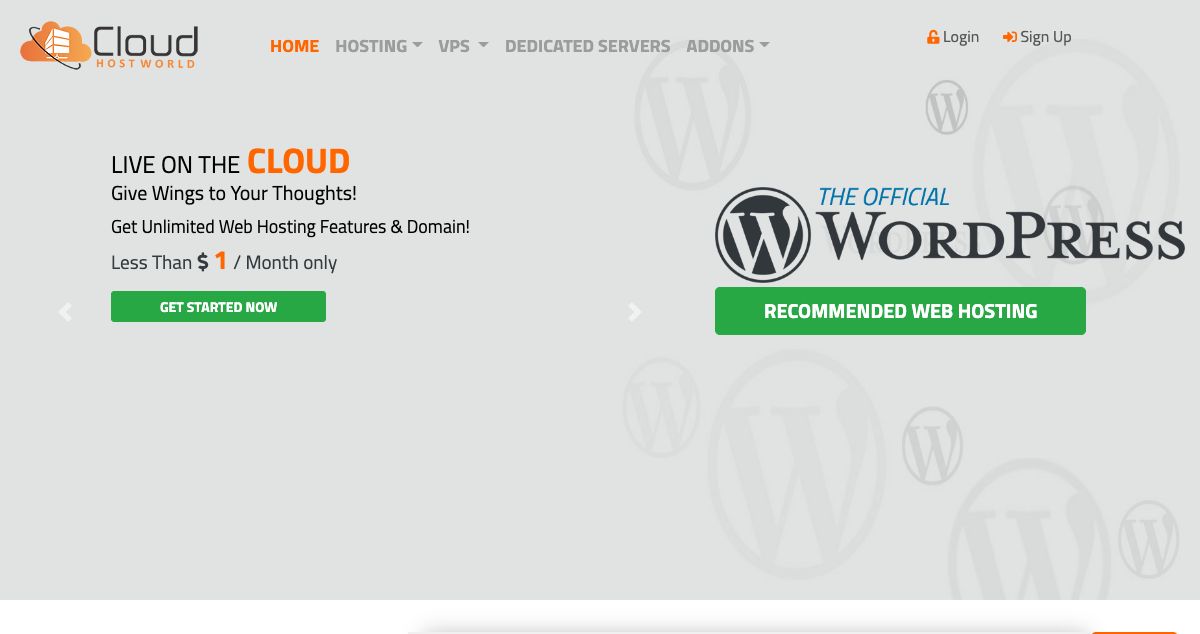 Homepage of Cloud Host World hosting