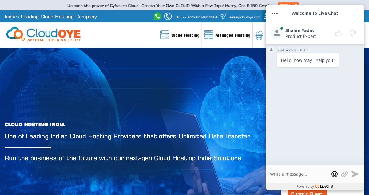 Homepage of CloudOYE hosting