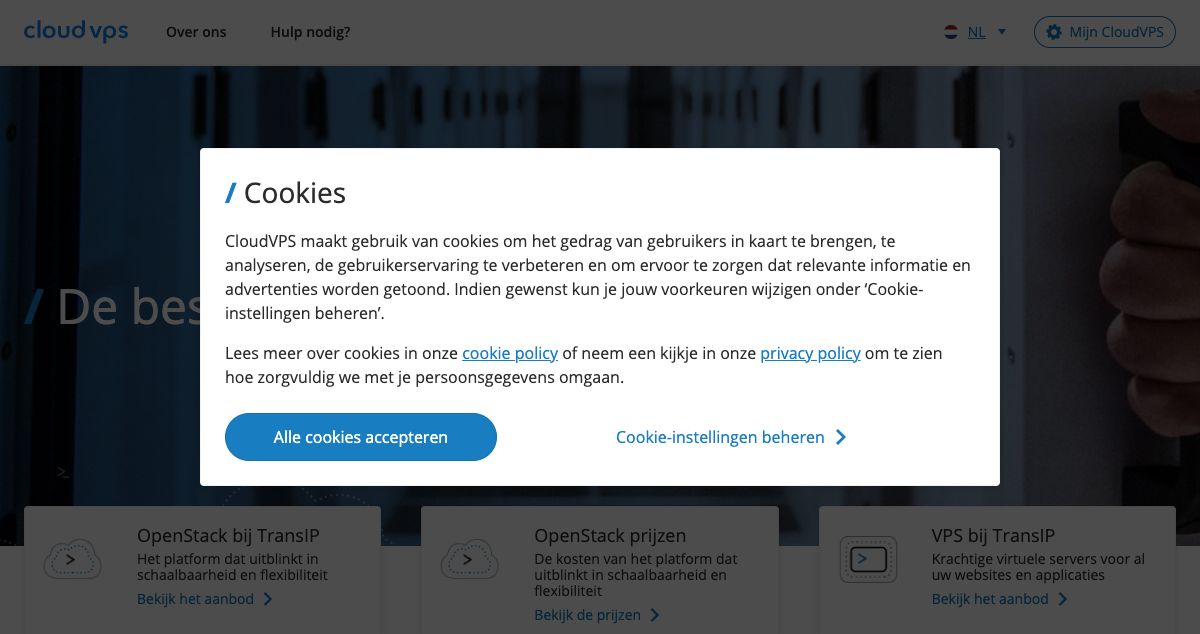 Homepage of CloudVPS.nl hosting