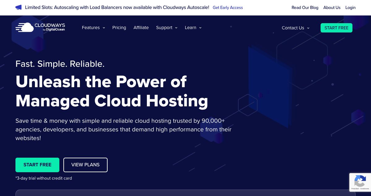 Homepage of Cloudways hosting