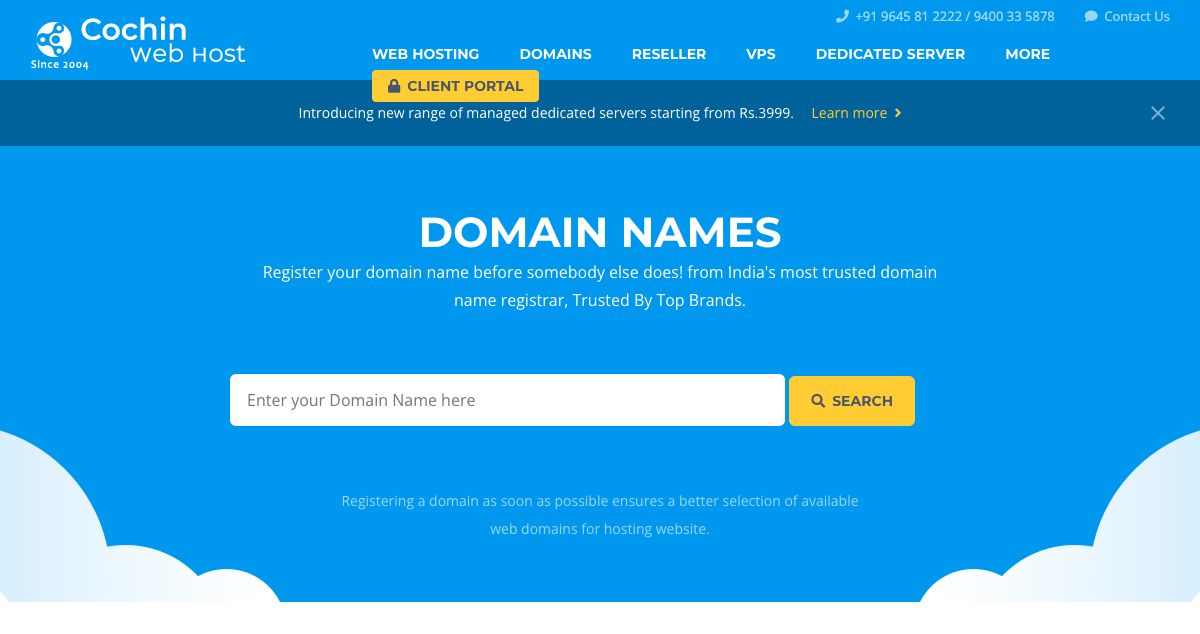 Homepage of Cochin Web Host hosting