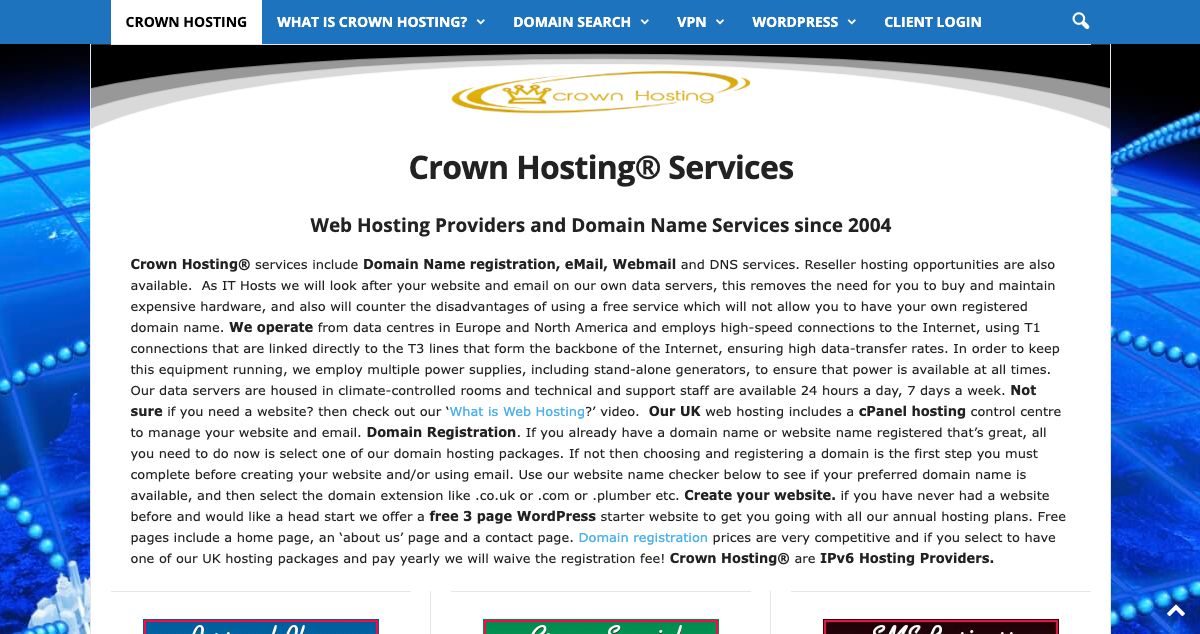 Homepage of Crown Hosting hosting