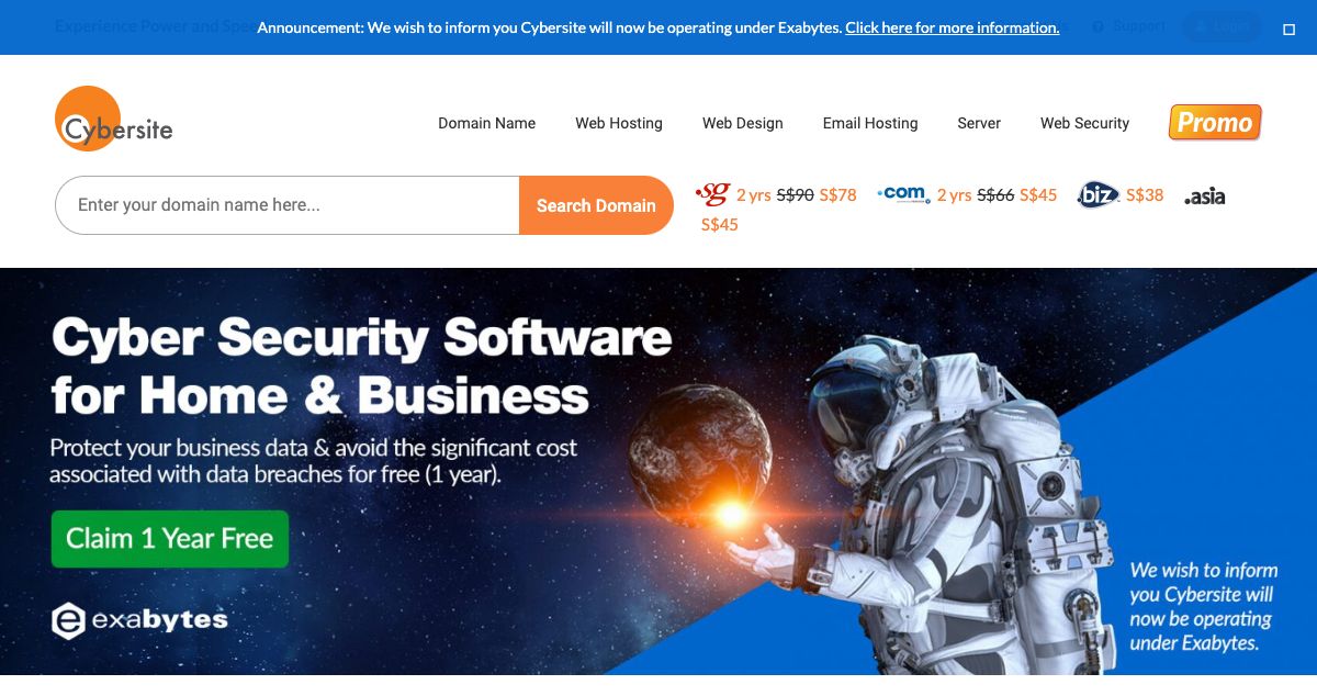 Homepage of Cybersite Services Pte Ltd hosting