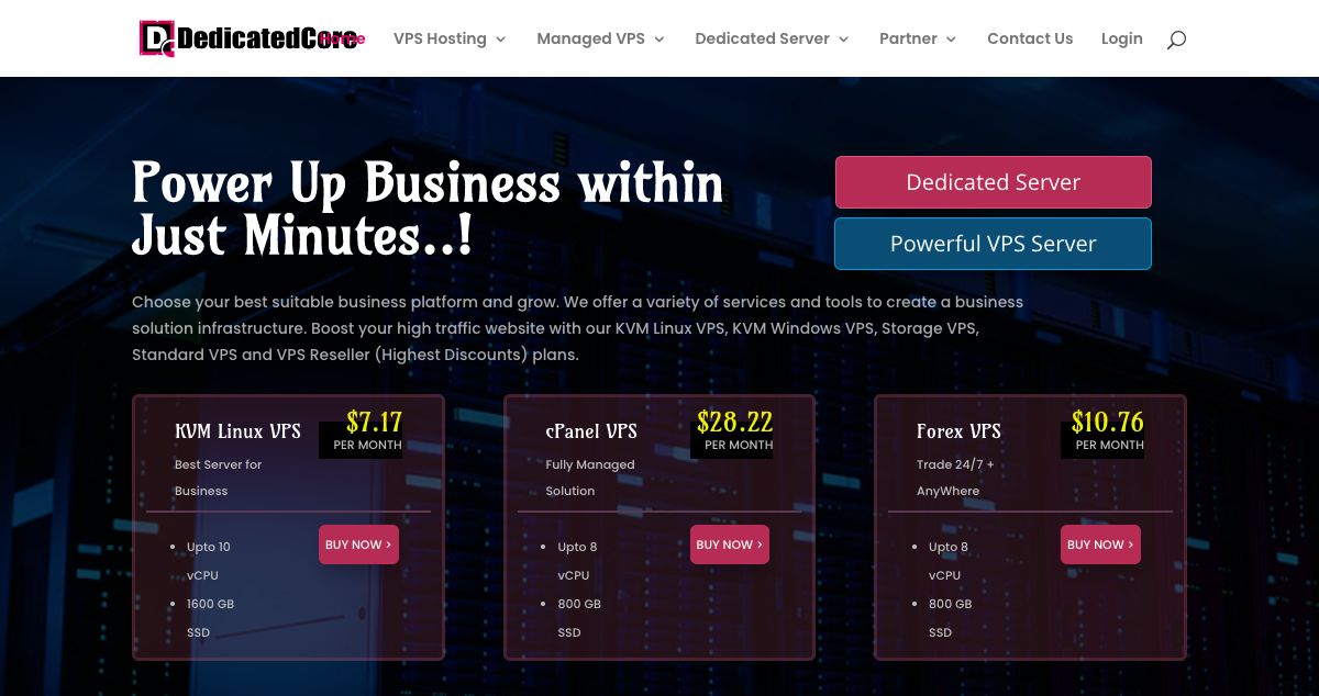 Homepage of DedicatedCore hosting