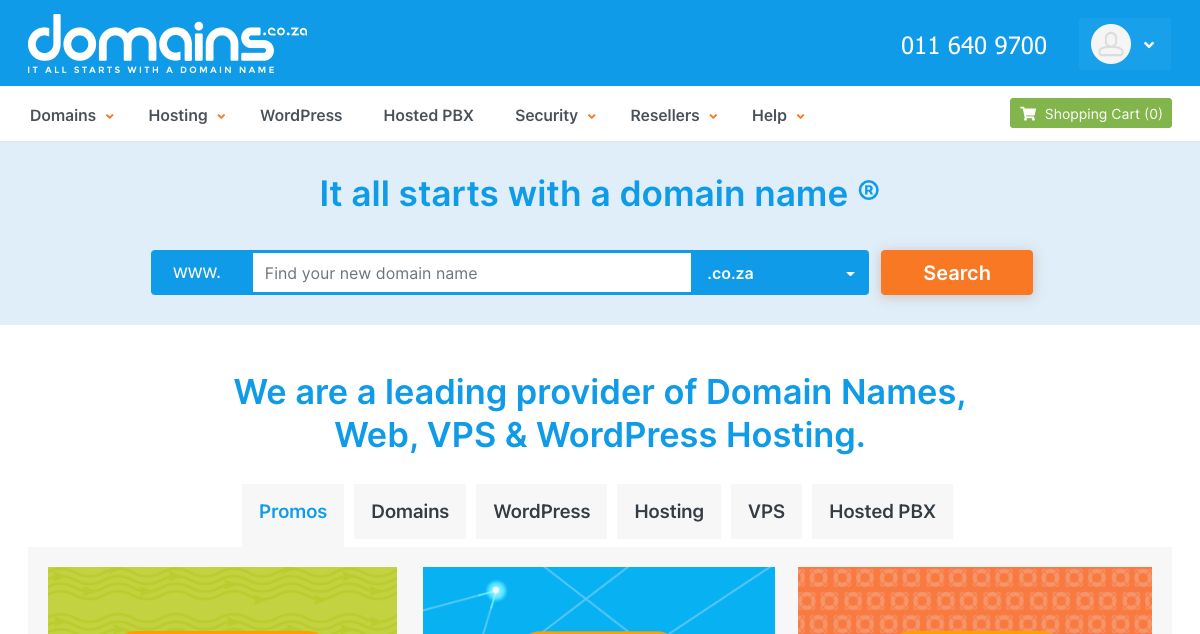 Homepage of Domains.co.za hosting