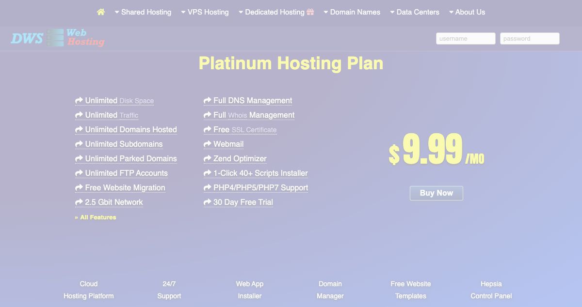 Homepage of DWS Web Hosting hosting