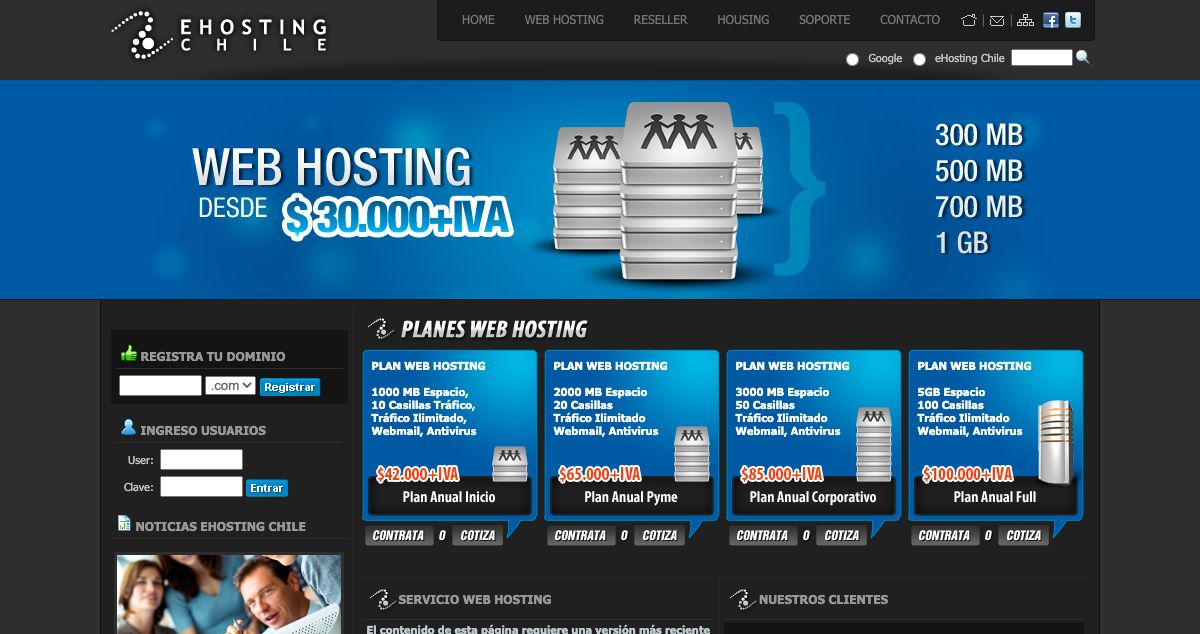 Homepage of E Hosting Chile hosting