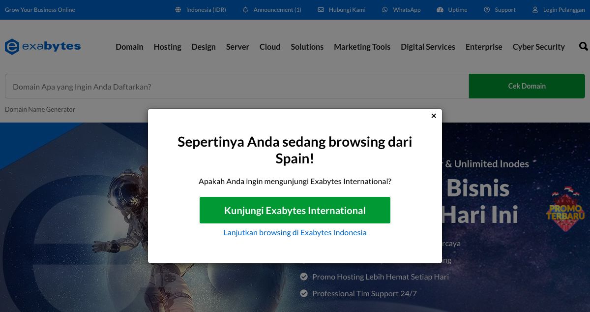 Homepage of Exabytes Indonesia hosting