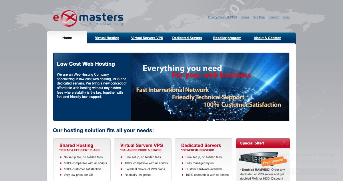 Homepage of Exmasters hosting