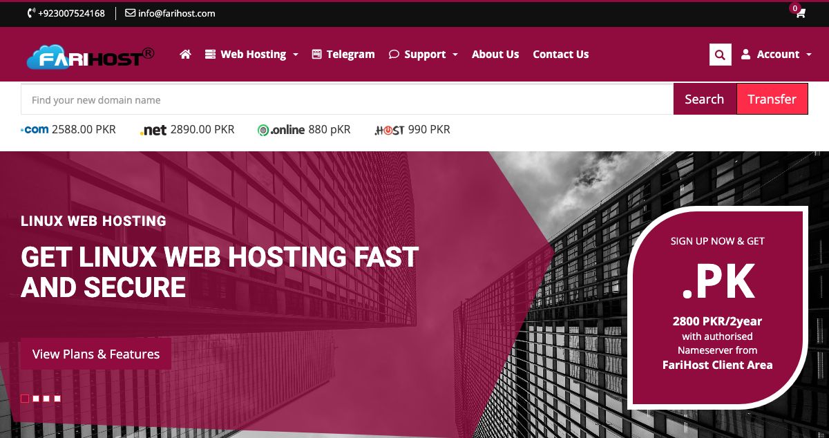 Homepage of FariHost hosting