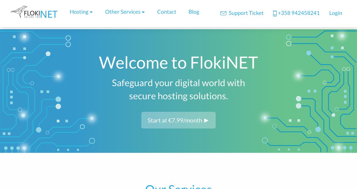 Homepage of FlokiNET.is hosting