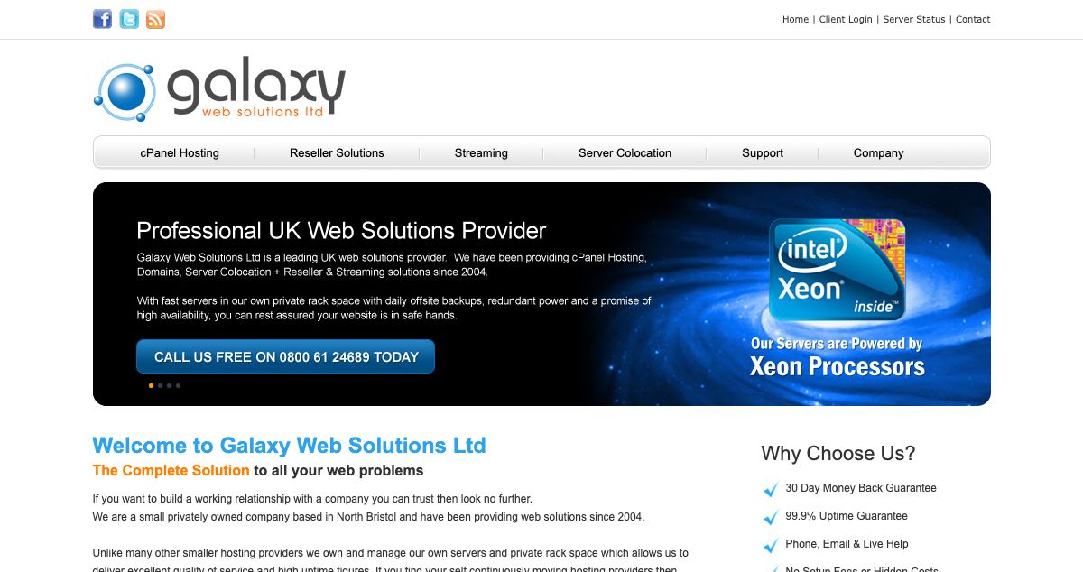 Homepage of Galaxy Web Solutions hosting