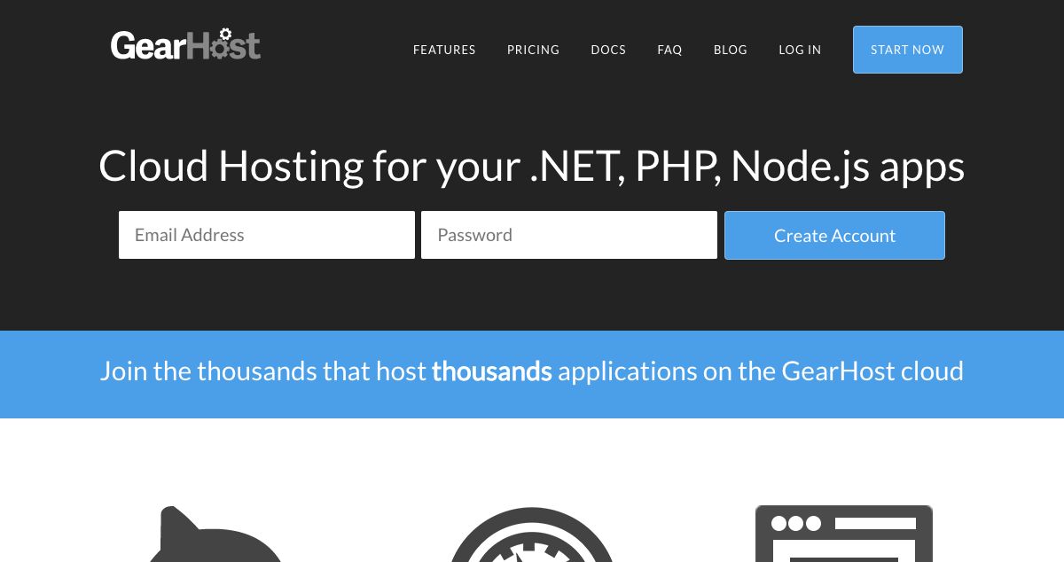 Homepage of GearHost hosting