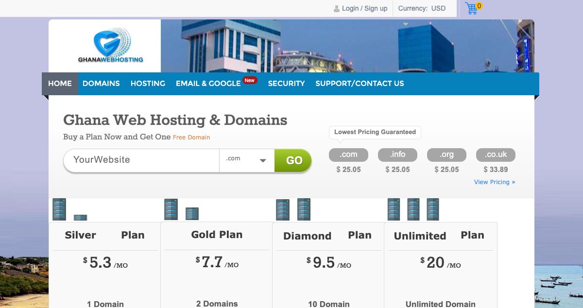 Homepage of Ghana Web Hosting hosting