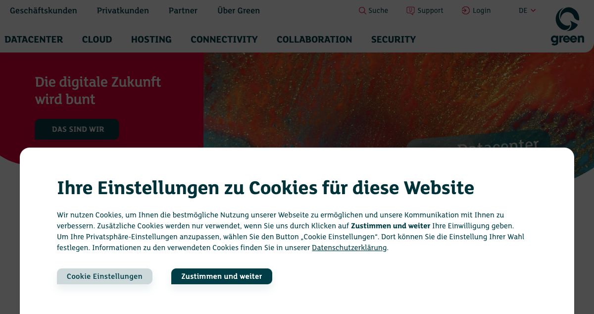 Homepage of Green.ch hosting