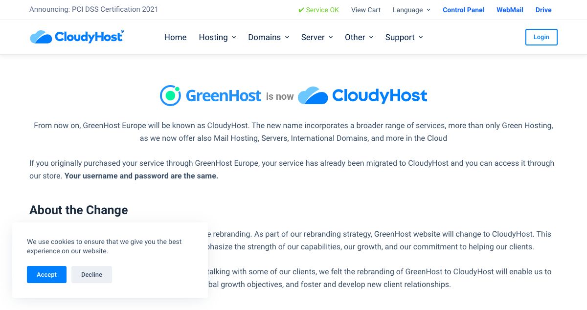 Homepage of GreenHost hosting