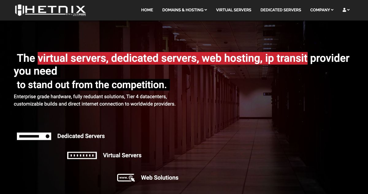 Homepage of HETNiX hosting