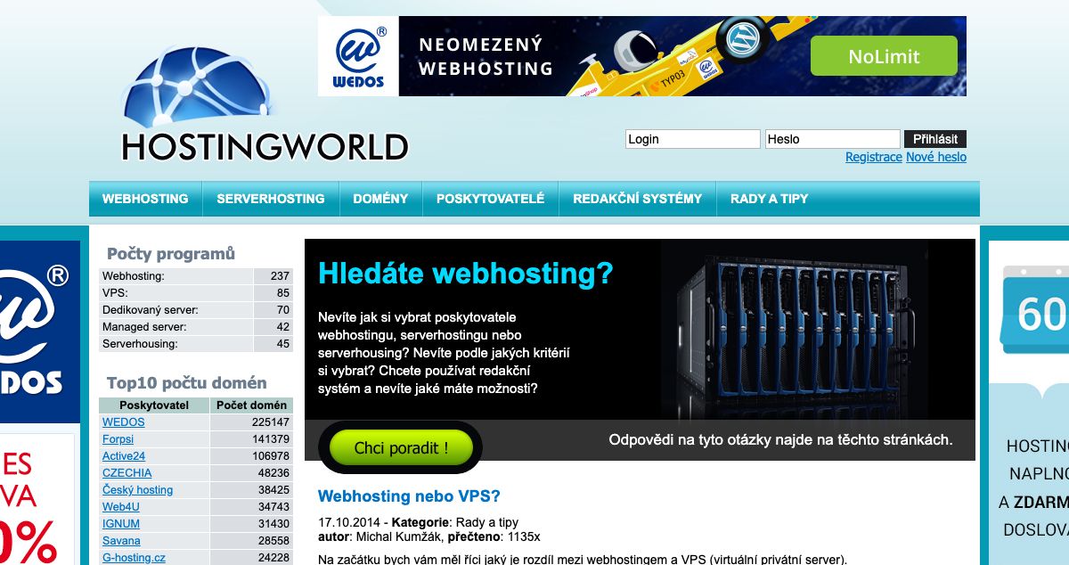 Homepage of HostingWorld.cz hosting