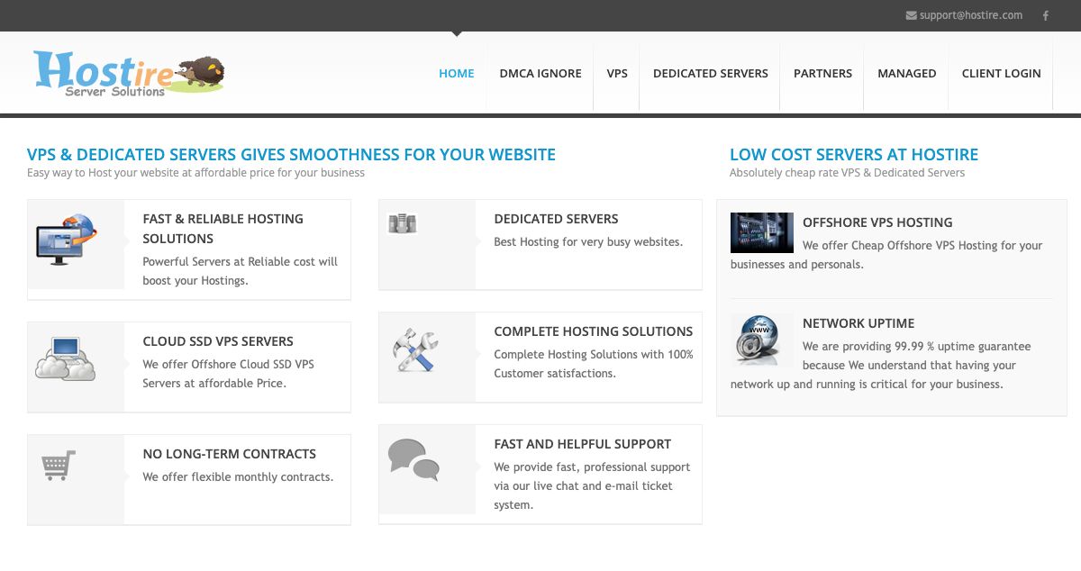 Homepage of Hostire hosting