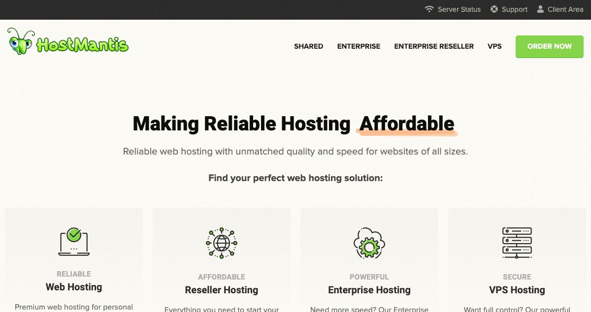 Homepage of HostMantis hosting