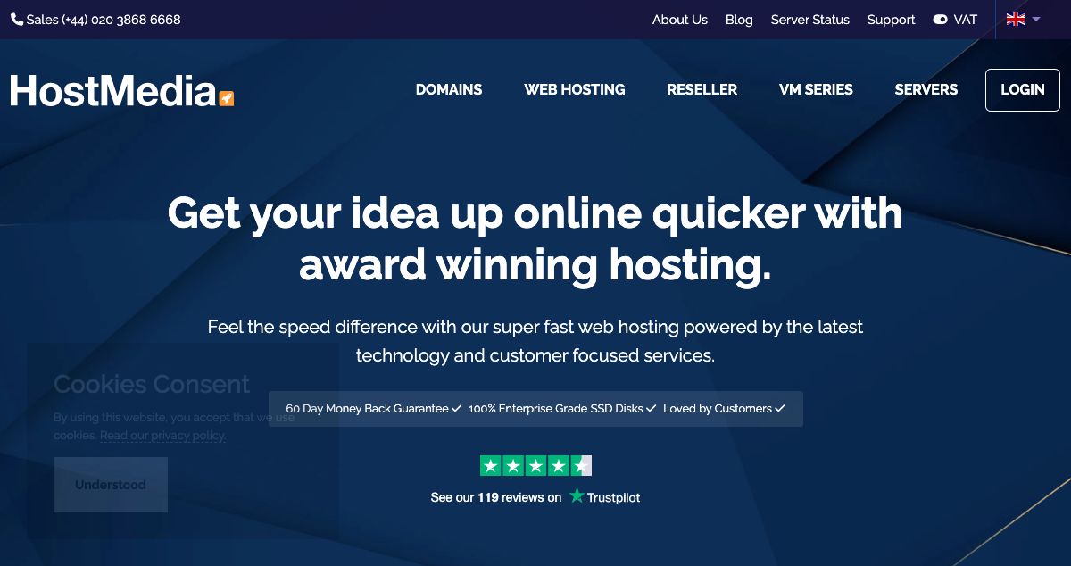 Homepage of Host Media hosting