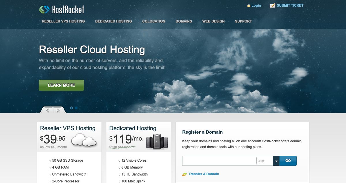 Homepage of HostRocket hosting