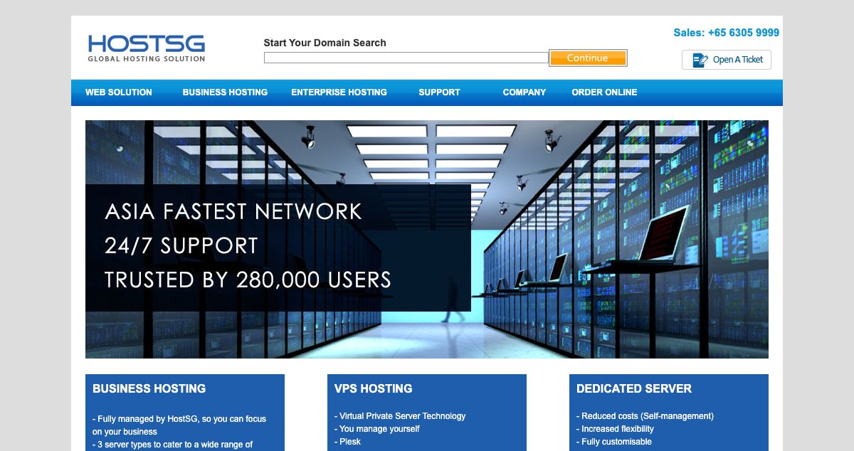 Homepage of HostSG hosting