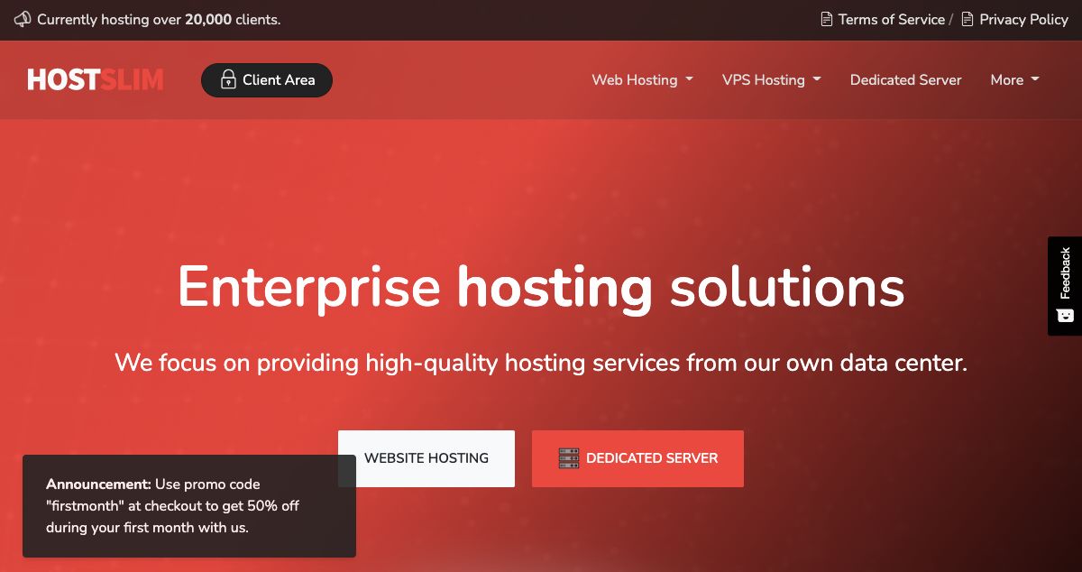 Homepage of HostSlim B.V. hosting