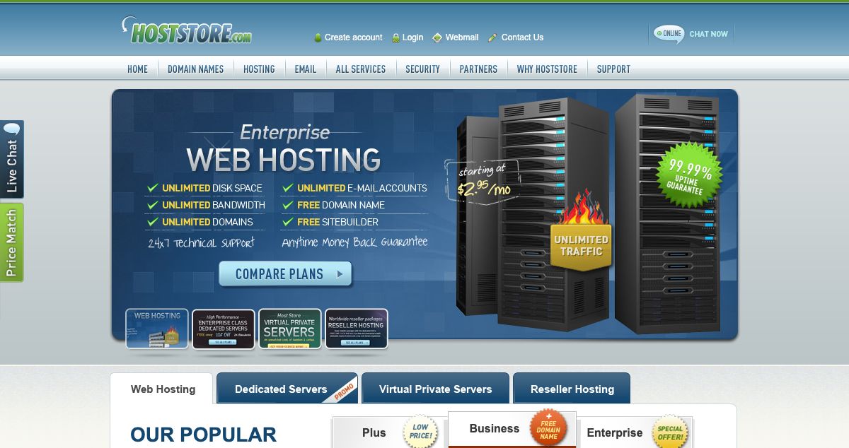 Homepage of HostStore hosting