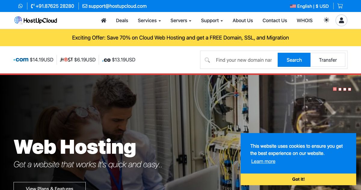 Homepage of HostupCloud hosting