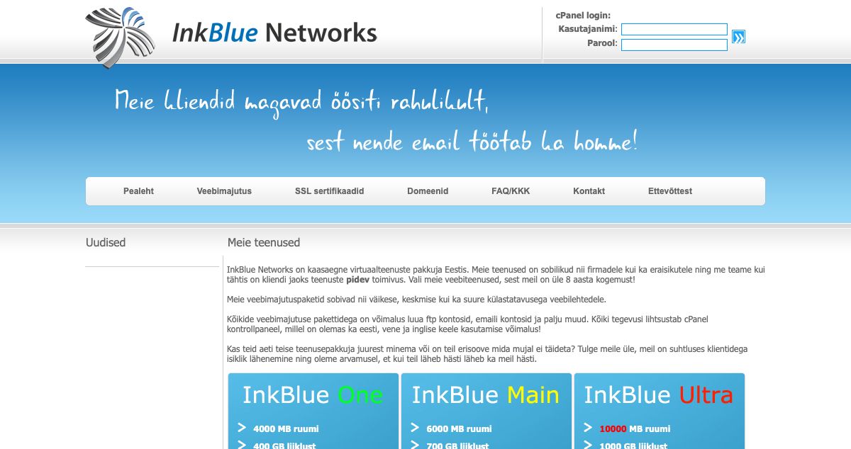 Homepage of InkBlue hosting