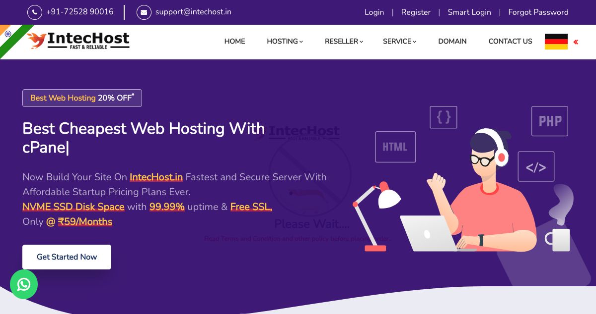 Homepage of IntecHost hosting