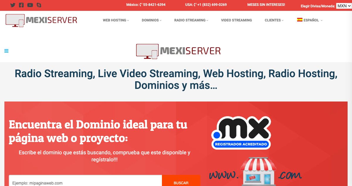 Homepage of MexiServer hosting