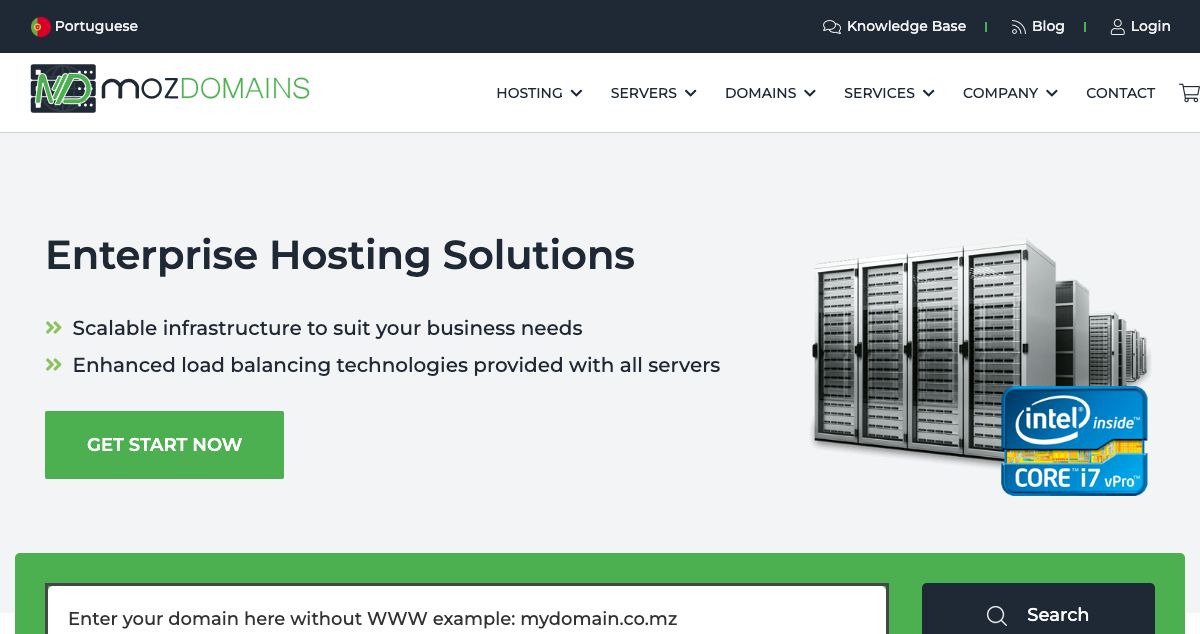 Homepage of MozDomains hosting