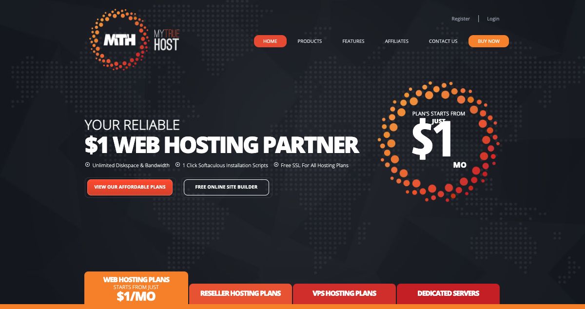 Homepage of MyTrueHost hosting