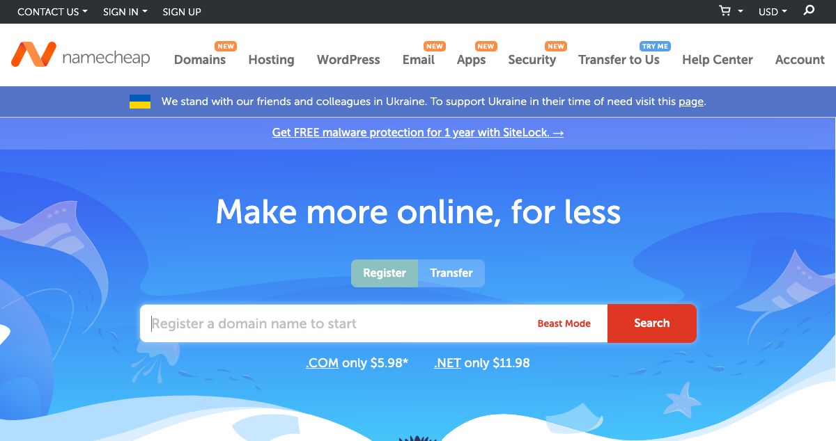 Homepage of Namecheap hosting