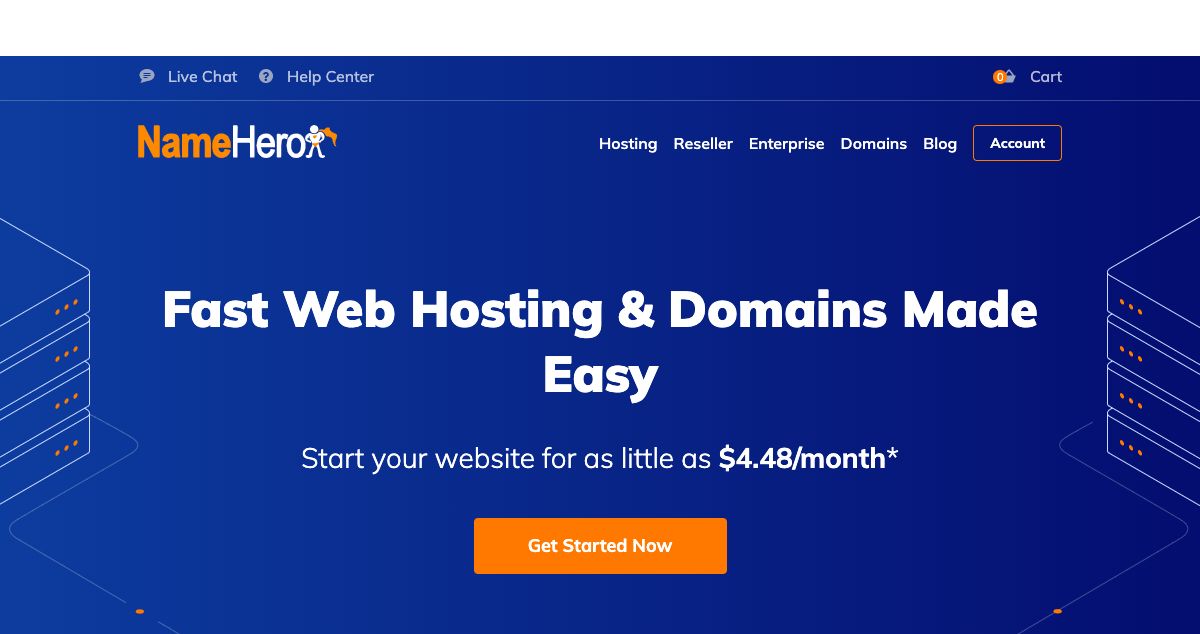 Homepage of NameHero.com hosting