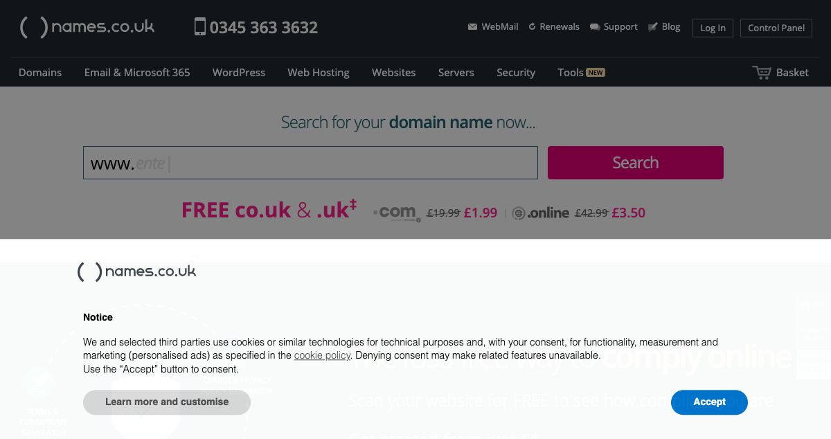 Homepage of Names.co.uk hosting