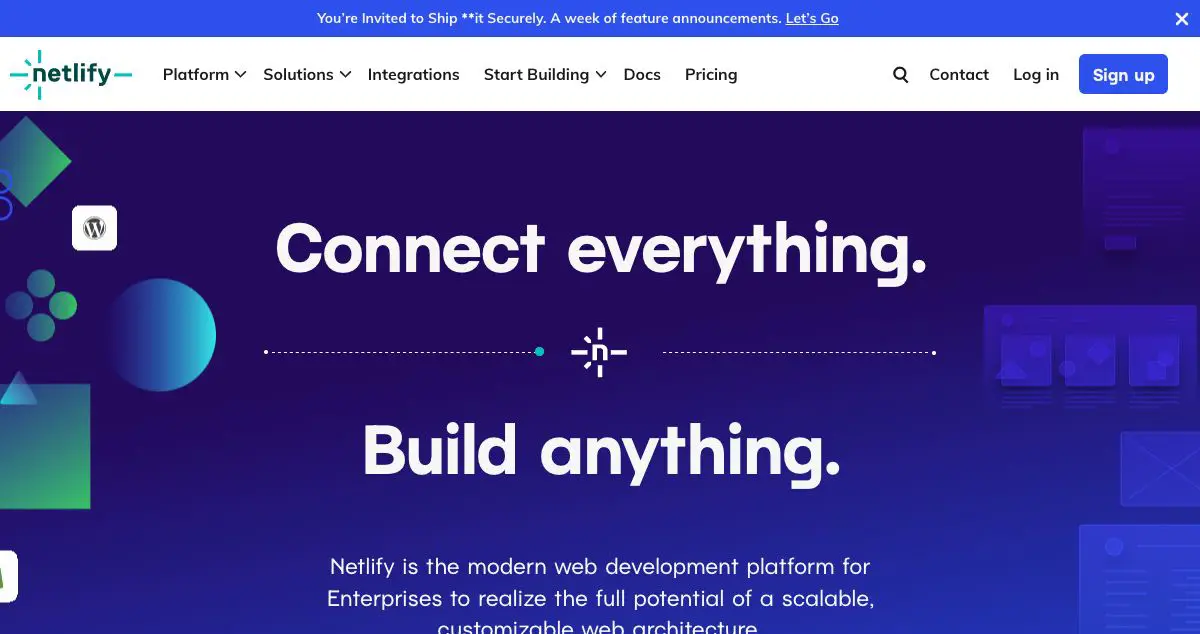 Homepage of Netlify hosting