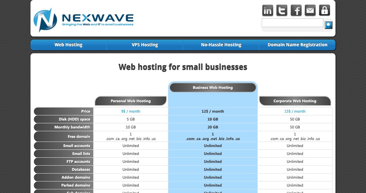 Homepage of Nexwave hosting