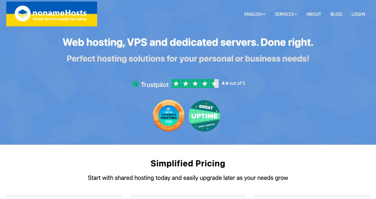 Homepage of Nonamehosts hosting