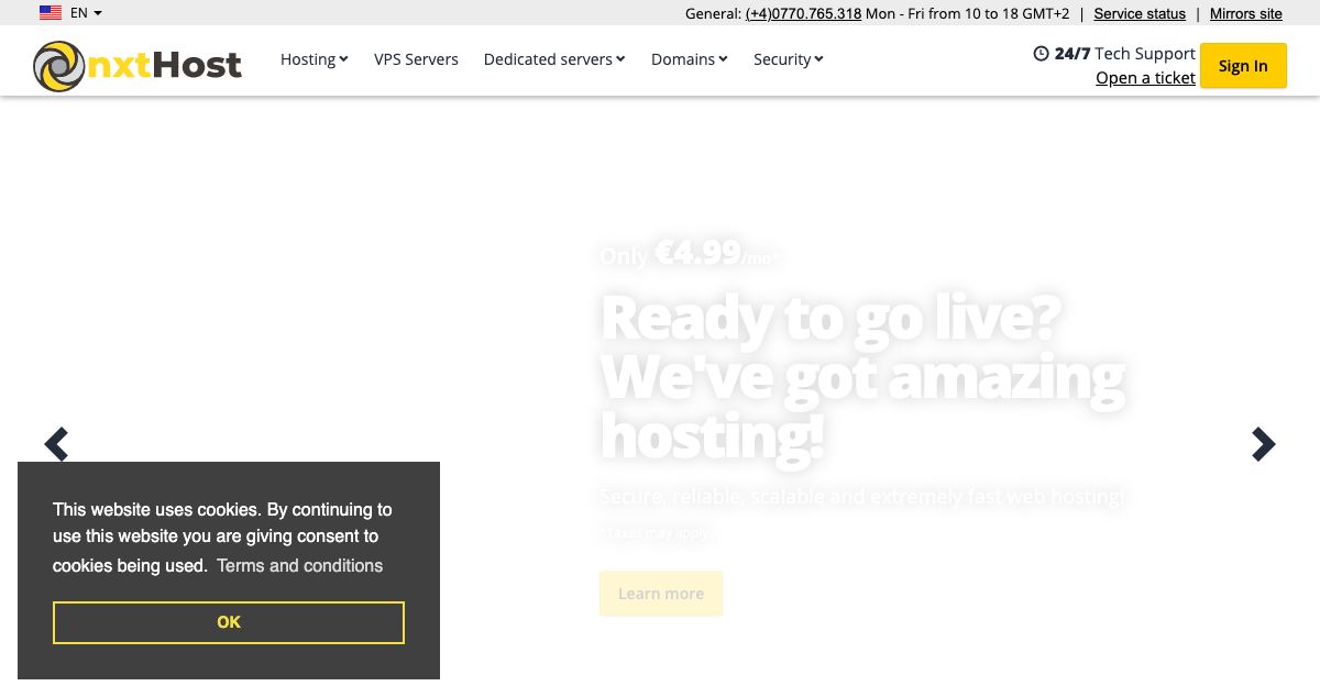 Homepage of nxtHost hosting