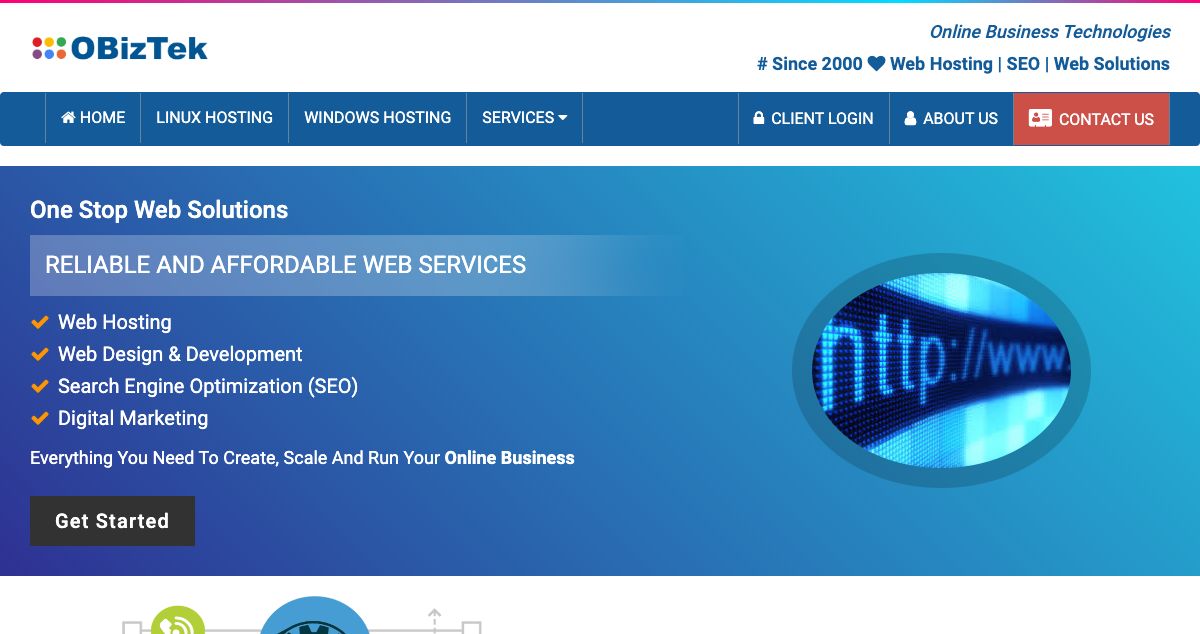 Homepage of OBizTek hosting