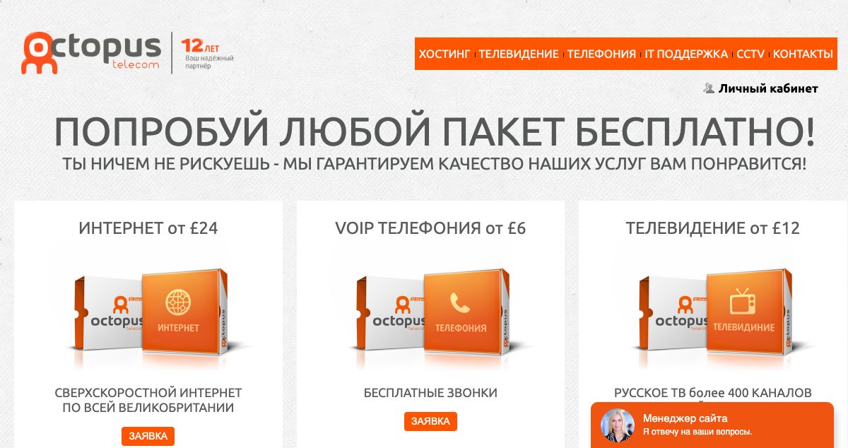 Homepage of Octopus Telecom hosting