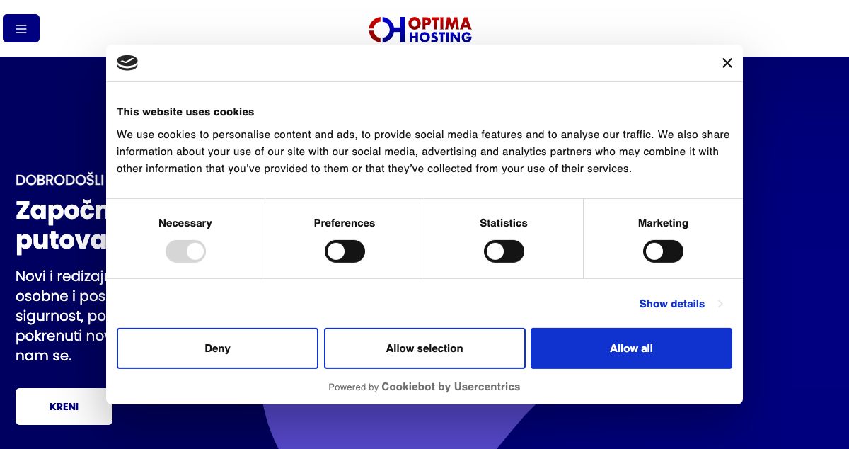 Homepage of Optima Hosting hosting